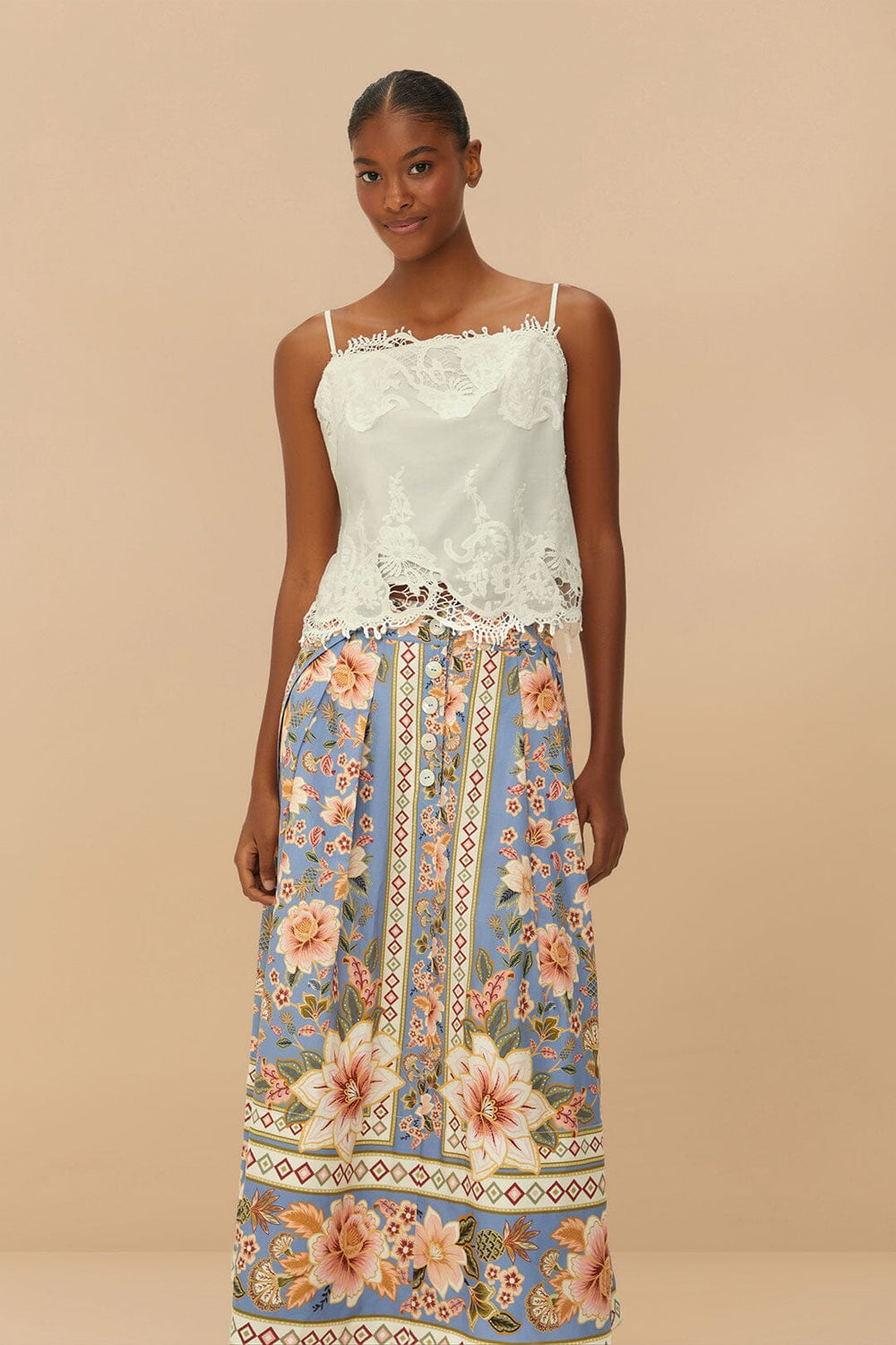 Blue Superbloom Tapestry Buttoned Maxi Skirt | FARM Rio Women