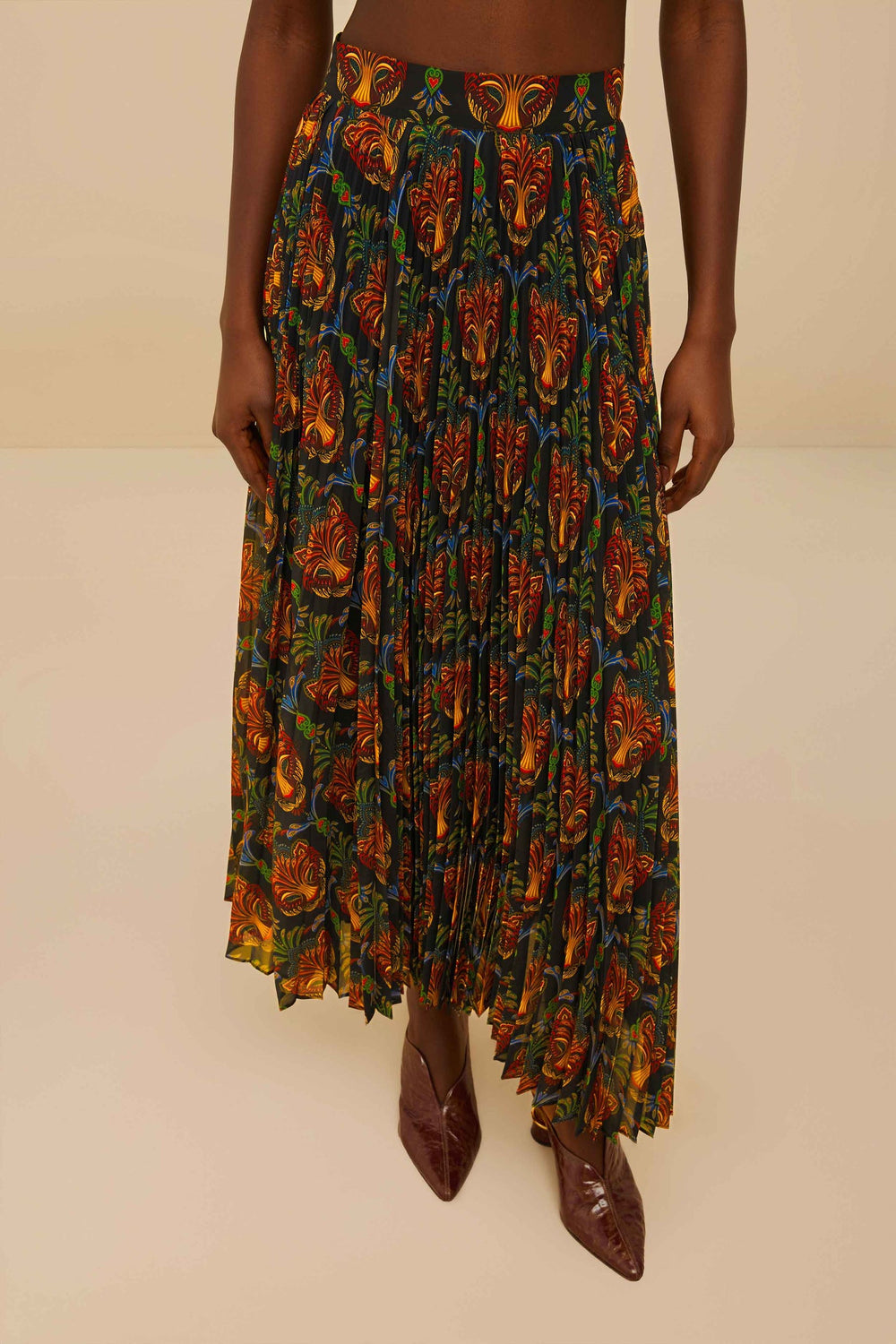 Black Boho Panther Pleated Maxi Skirt | FARM Rio Women
