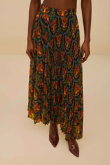 Black Boho Panther Pleated Maxi Skirt | FARM Rio Women