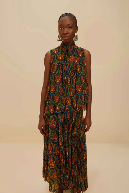 Black Boho Panther Pleated Maxi Skirt | FARM Rio Women