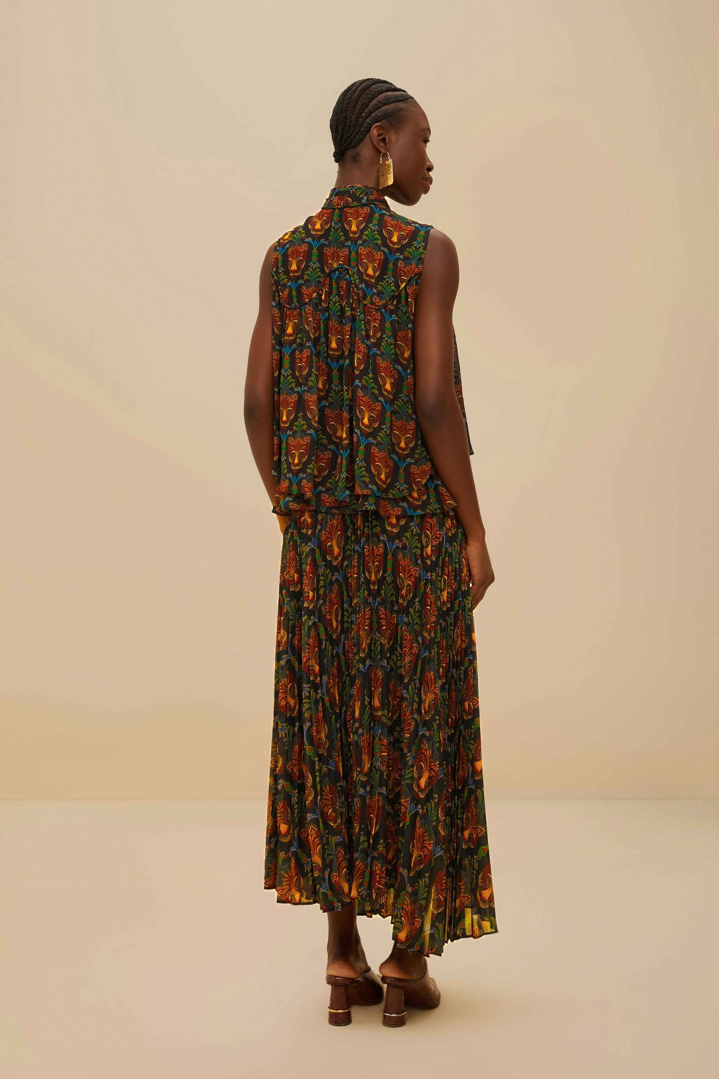 Black Boho Panther Pleated Maxi Skirt | FARM Rio Women