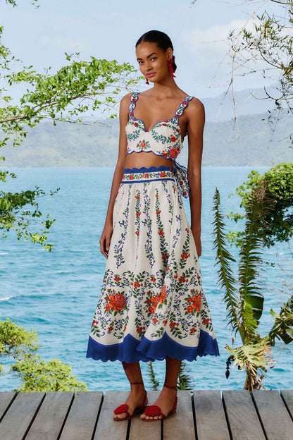 Off-White Flower Tapestry LENZING™ ECOVERO™ Euroflax™ Midi Skirt | FARM Rio Women