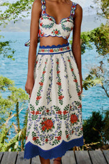 Off-White Flower Tapestry LENZING™ ECOVERO™ Euroflax™ Midi Skirt | FARM Rio Women