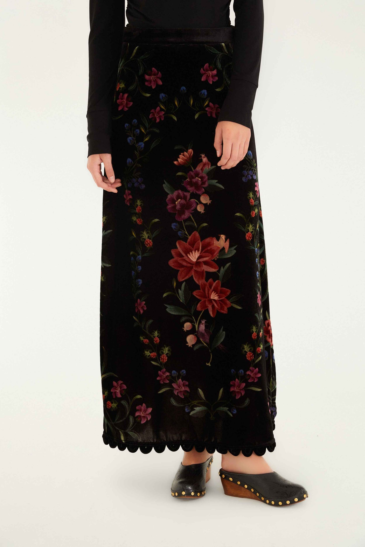 Black Belle Garden Scallop Hem Midi Skirt | FARM Rio | FARM Rio Women