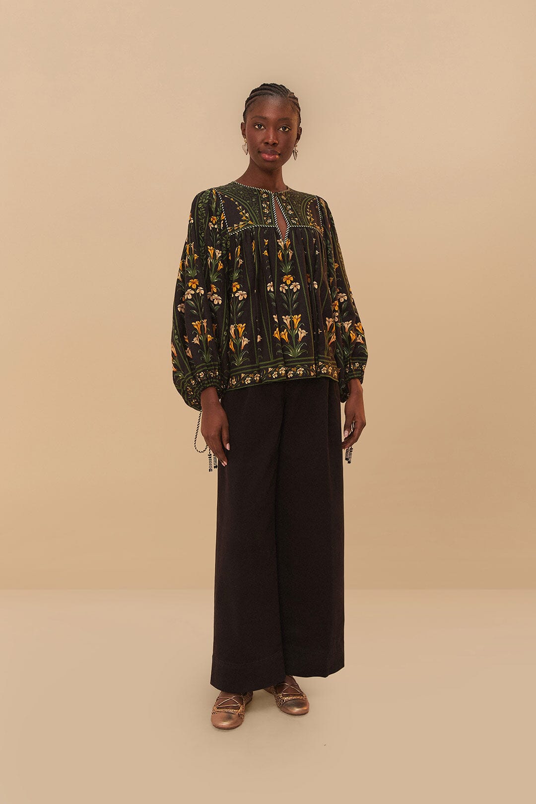 Black Twill Belted Wide Pants | FARM Rio Women