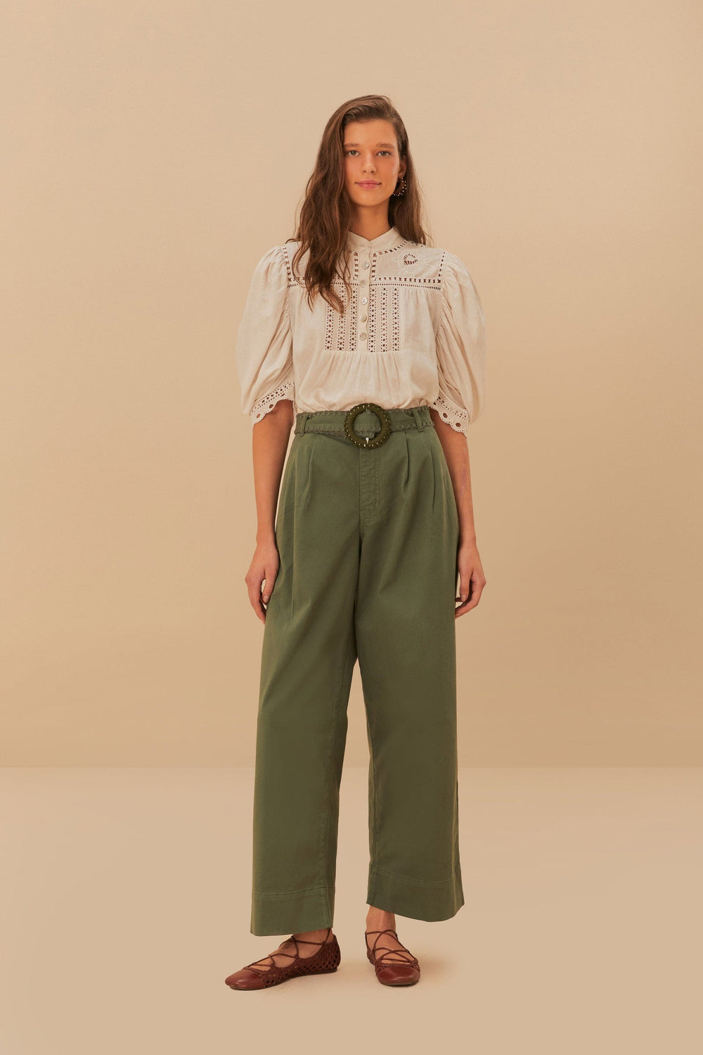 Green Twill Pleated Wide Pants | FARM Rio Women