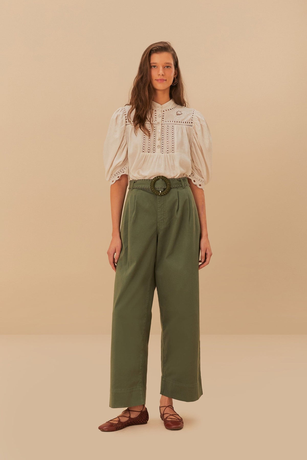 Green Twill Pleated Wide Pants | FARM Rio Women