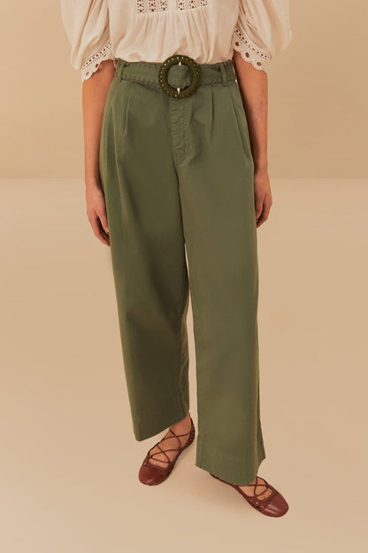 Green Twill Pleated Wide Pants | FARM Rio Women