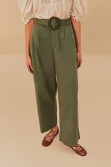 Green Twill Pleated Wide Pants | FARM Rio Women