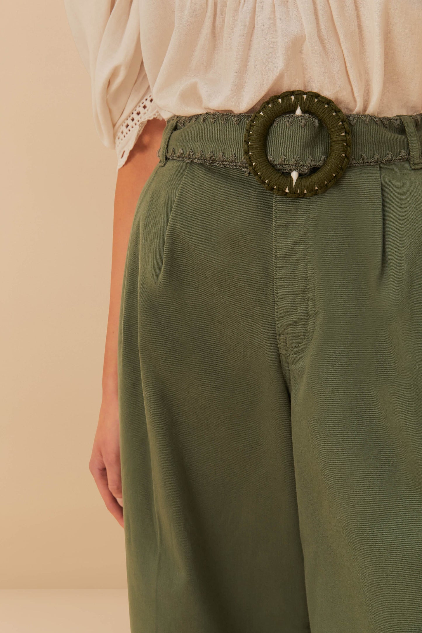 Green Twill Pleated Wide Pants | FARM Rio Women