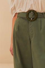 Green Twill Pleated Wide Pants | FARM Rio Women