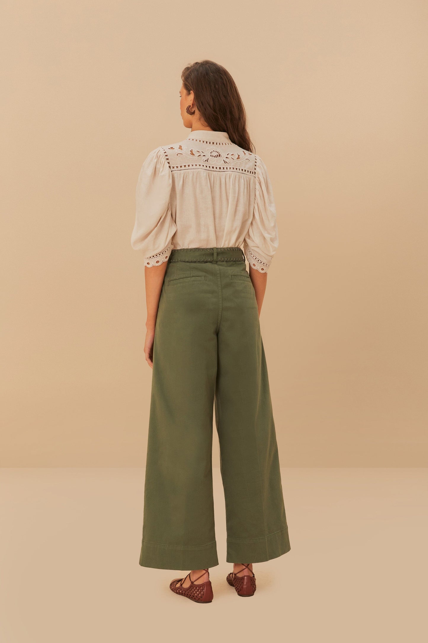 Green Twill Pleated Wide Pants | FARM Rio Women