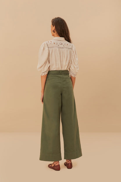 Green Twill Pleated Wide Pants | FARM Rio Women