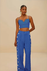Blue High Waisted Wavy Euroflax™ Premium Linen Pants | FARM Rio Women