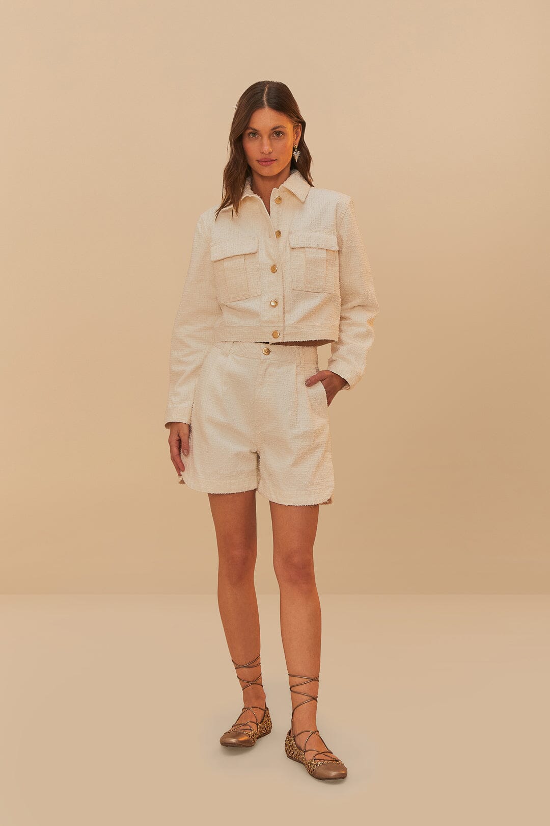 Off-White Twill Laser Pleated Shorts | FARM Rio Women