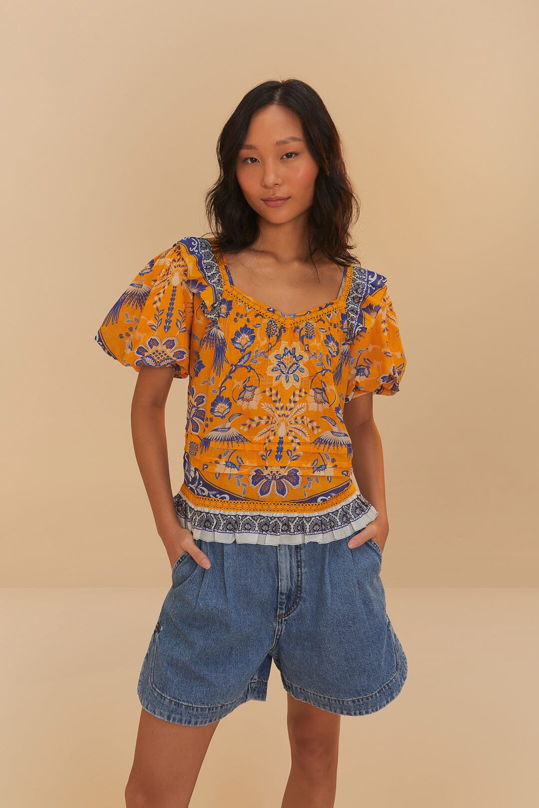 Denim Pleated Shorts | FARM Rio Women