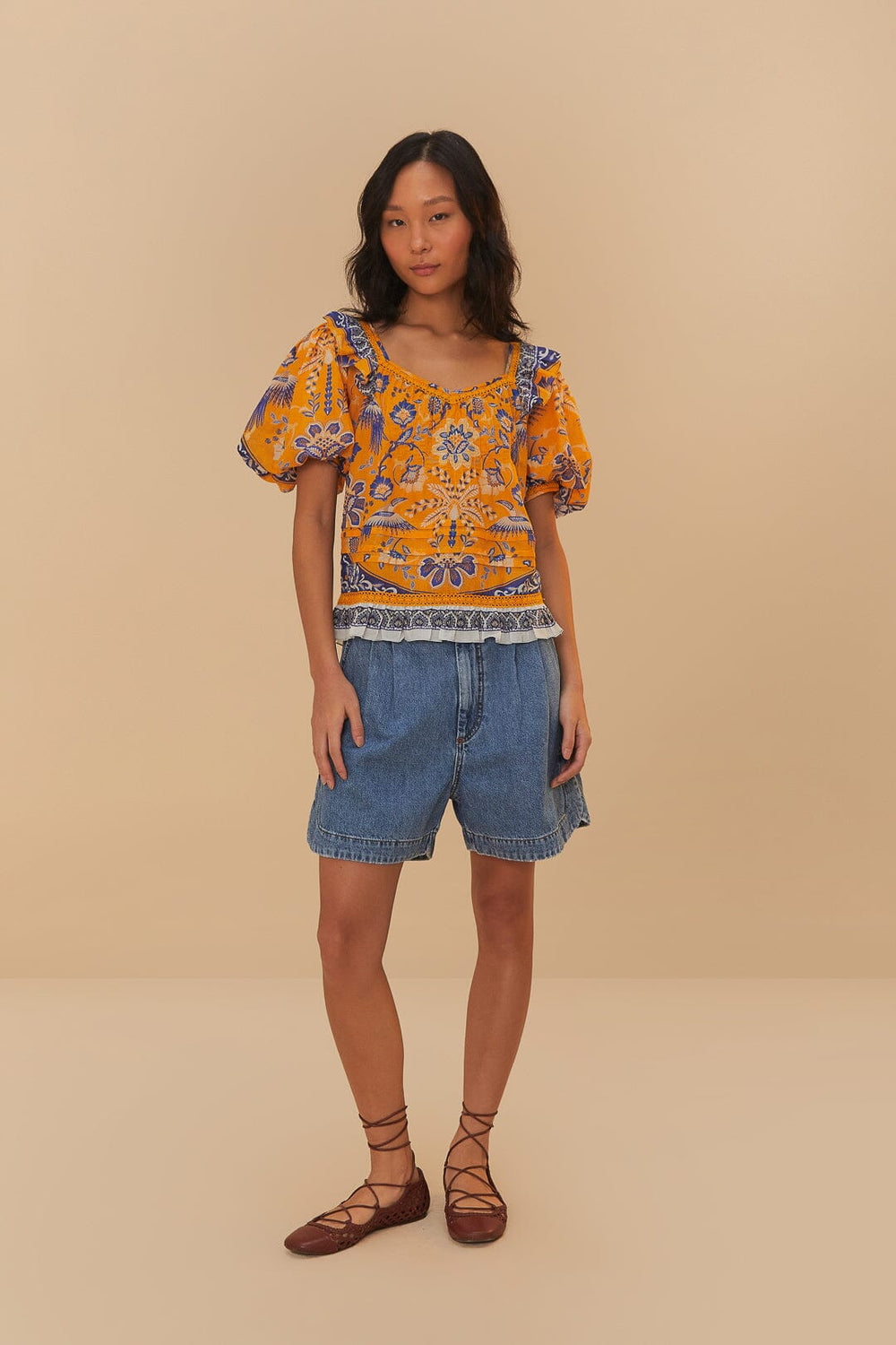 Denim Pleated Shorts | FARM Rio Women