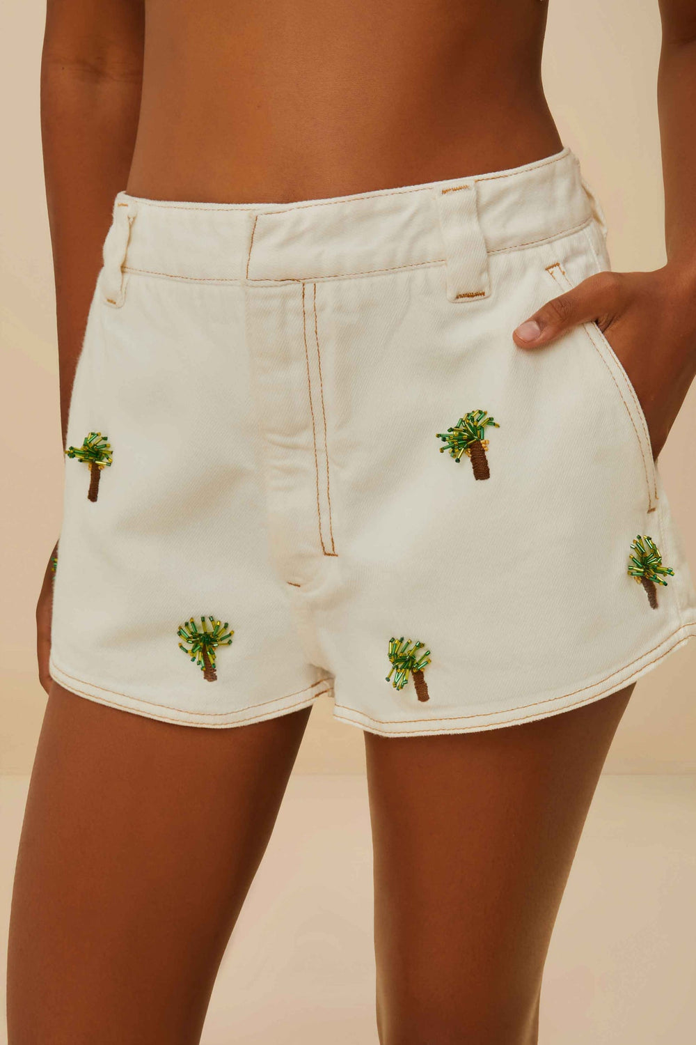 Off-White Embroidered Coconut Tree Shorts | FARM Rio Women