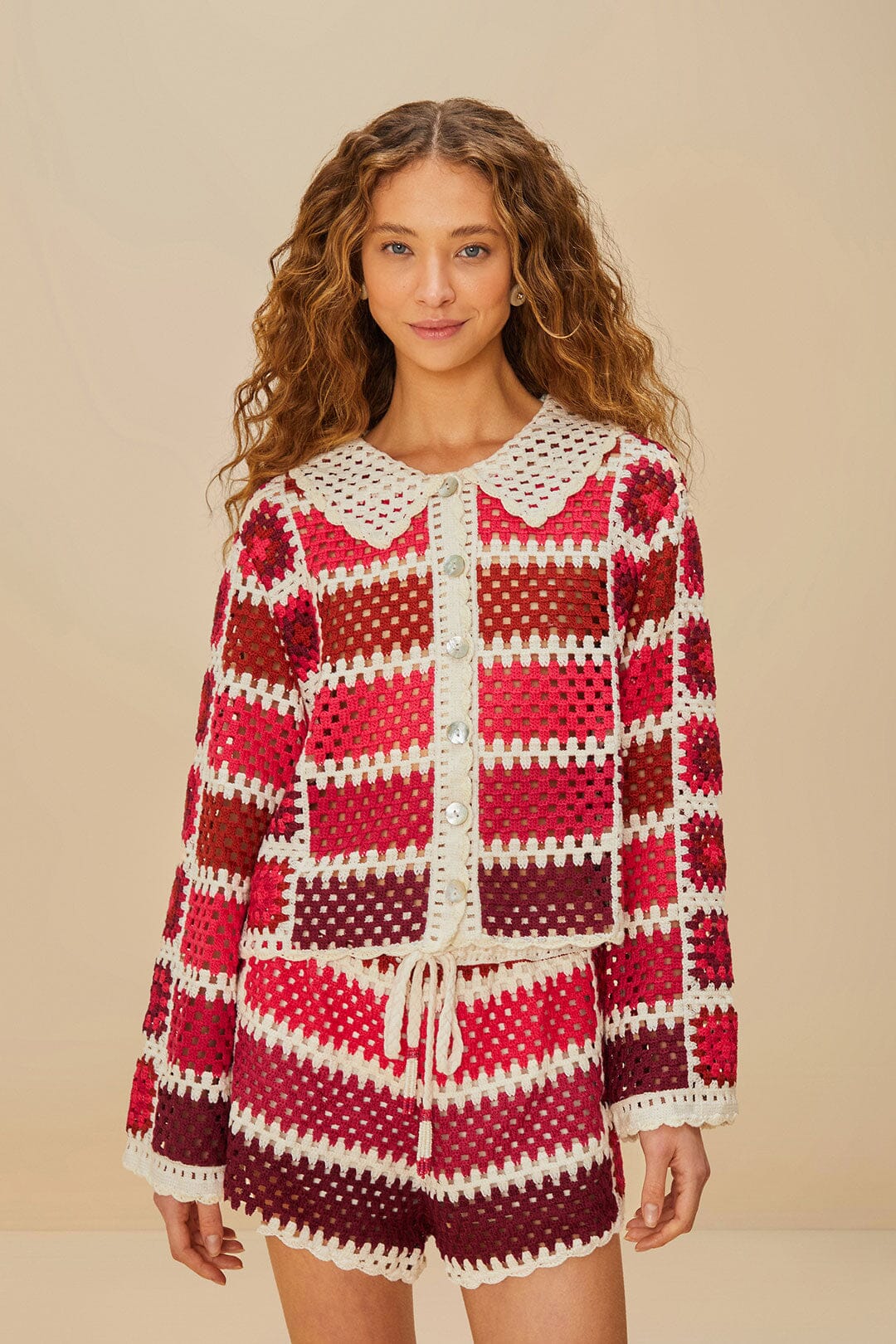 Red Colorful Crochet Tiles Shorts | FARM Rio Women