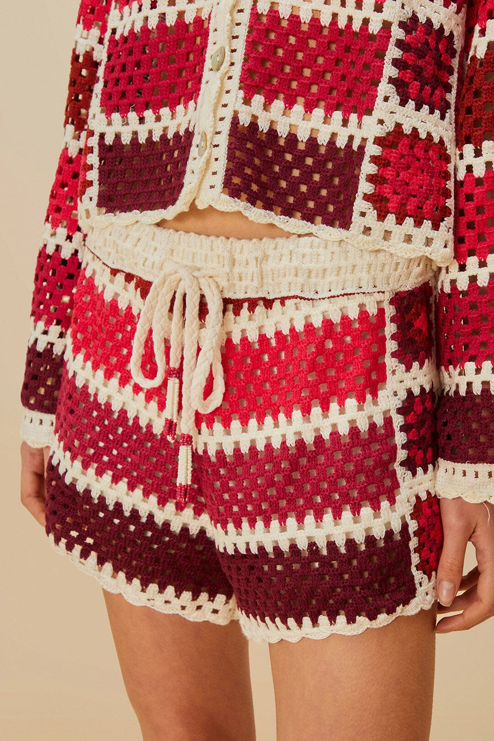 Red Colorful Crochet Tiles Shorts | FARM Rio Women