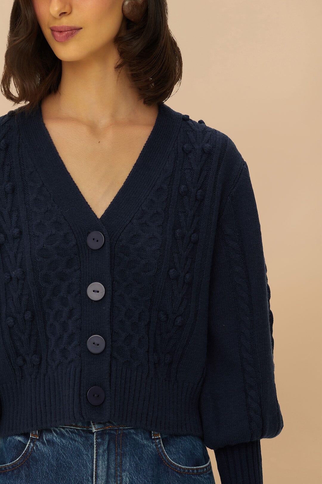 Navy Blue Mixed Stitches Knit Cardigan | FARM Rio Women