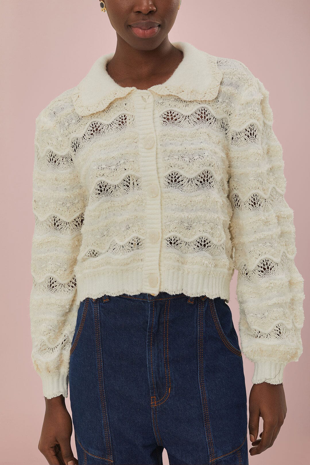 Mixed Stitches Off-White Knit Cardigan | FARM Rio Women