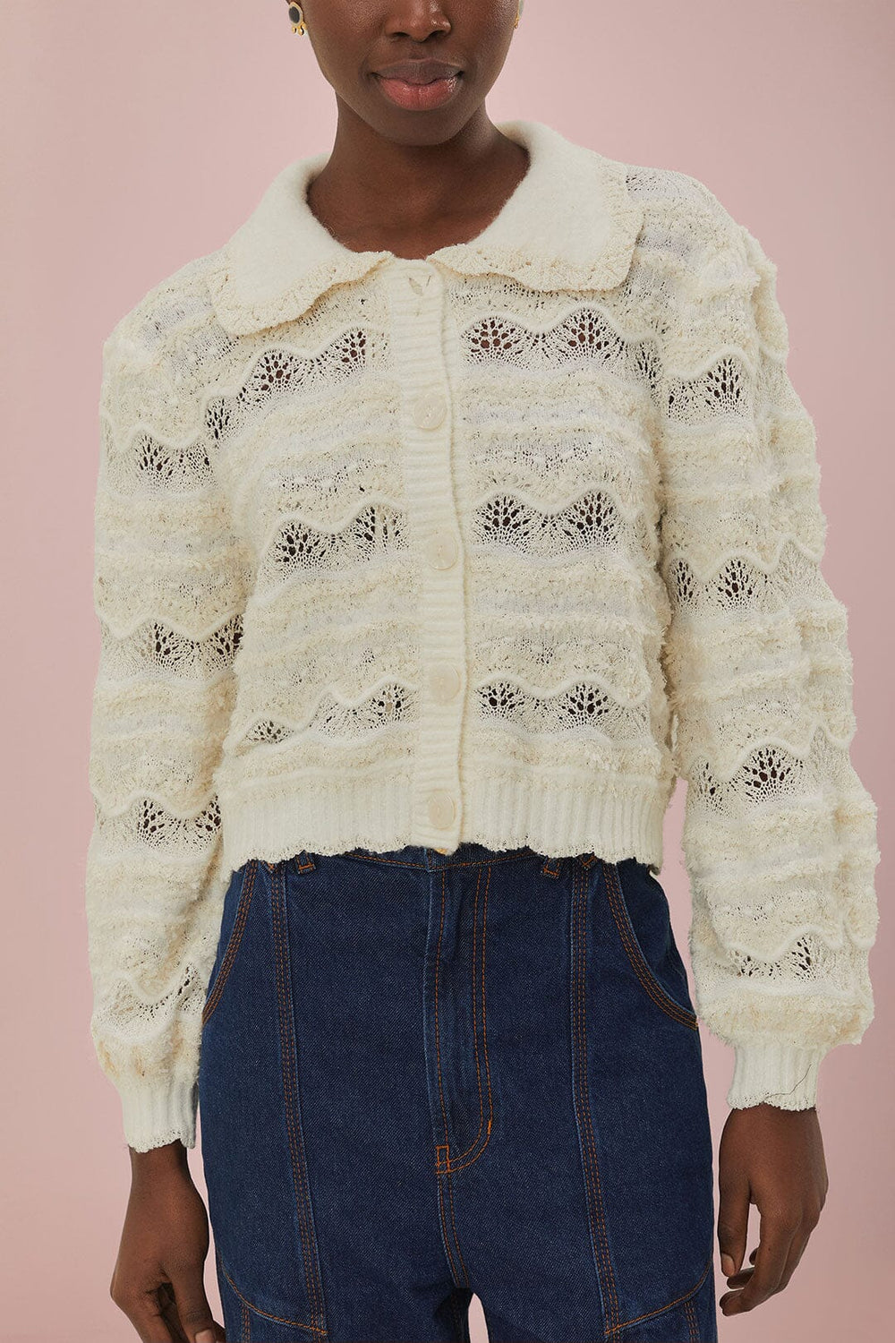 Mixed Stitches Off-White Knit Cardigan | FARM Rio Women