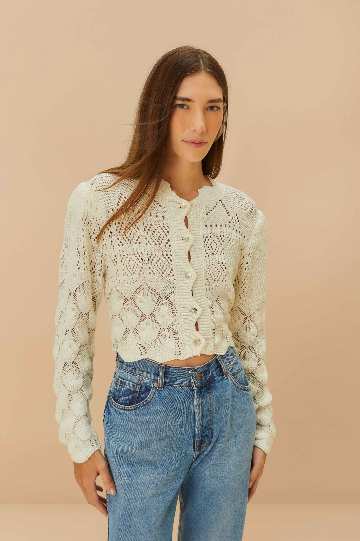 Off-White Mixed Lace Stitch Cardigan | FARM Rio Women