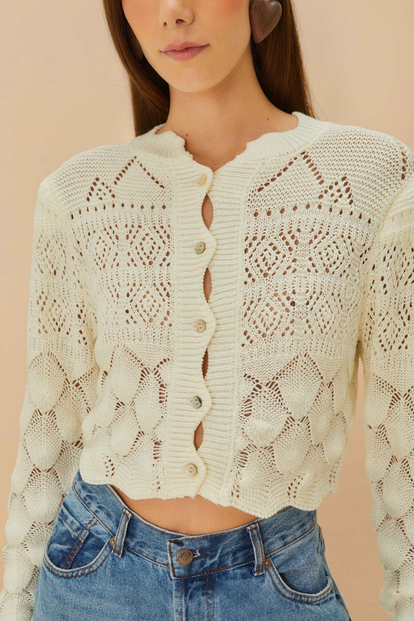 Off-White Mixed Lace Stitch Cardigan | FARM Rio Women