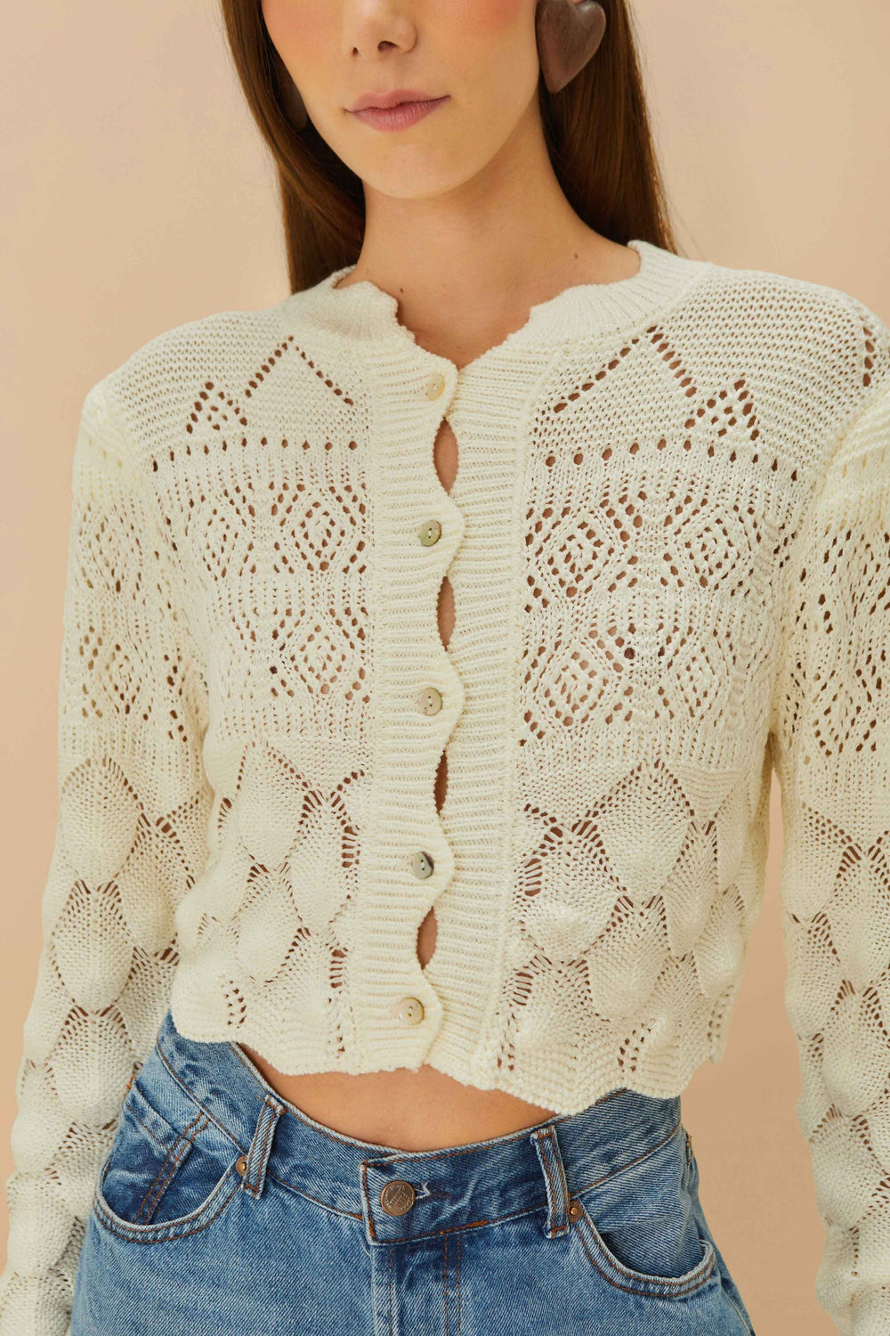 Off-White Mixed Lace Stitch Cardigan | FARM Rio Women