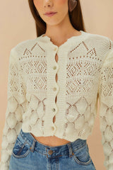 Off-White Mixed Lace Stitch Cardigan | FARM Rio Women