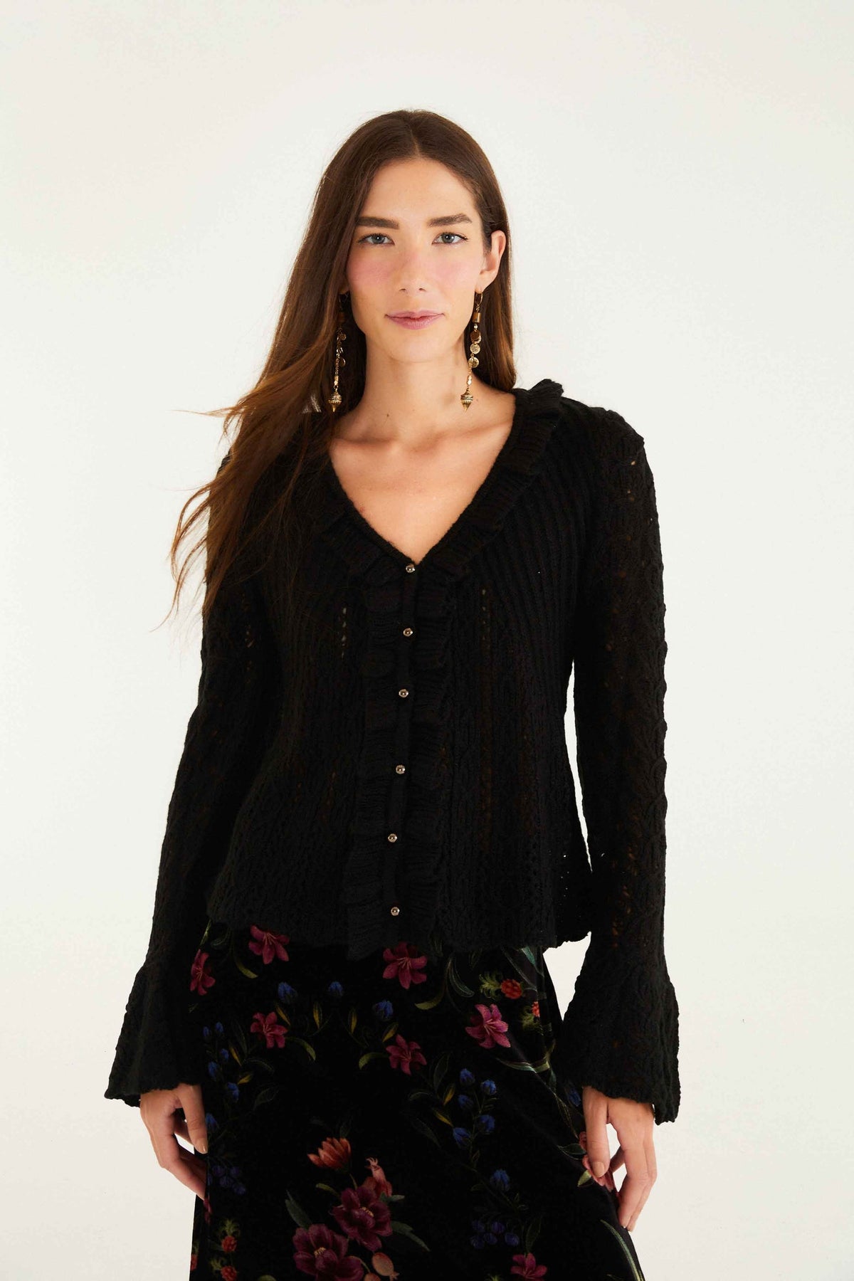 Black Lace Ruffled Knit Cardigan | FARM Rio | FARM Rio Women