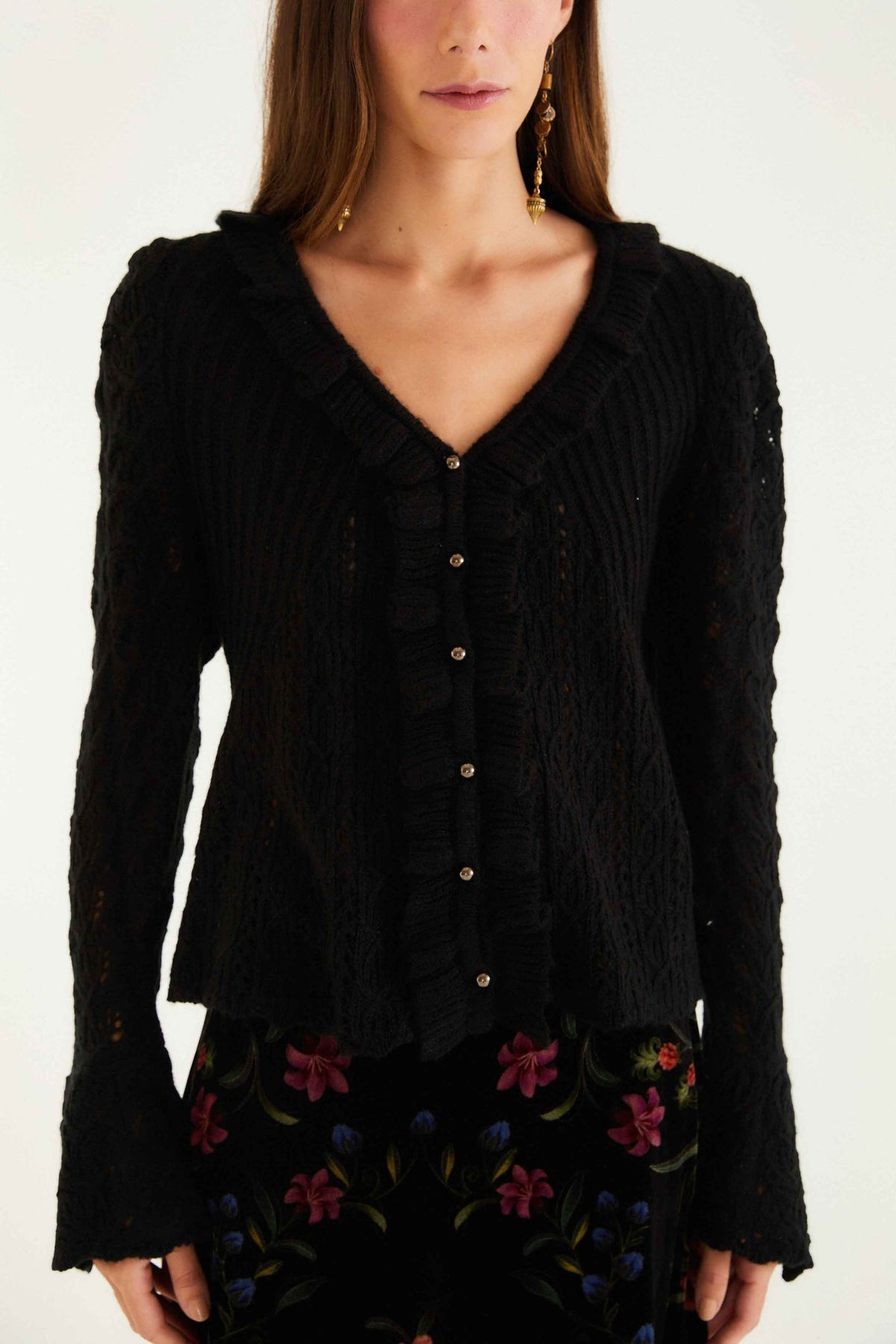 Black Lace Ruffled Knit Cardigan | FARM Rio | FARM Rio Women