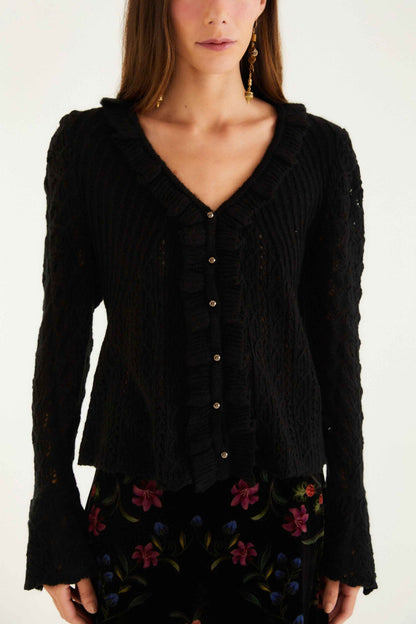 Black Lace Ruffled Knit Cardigan | FARM Rio | FARM Rio Women