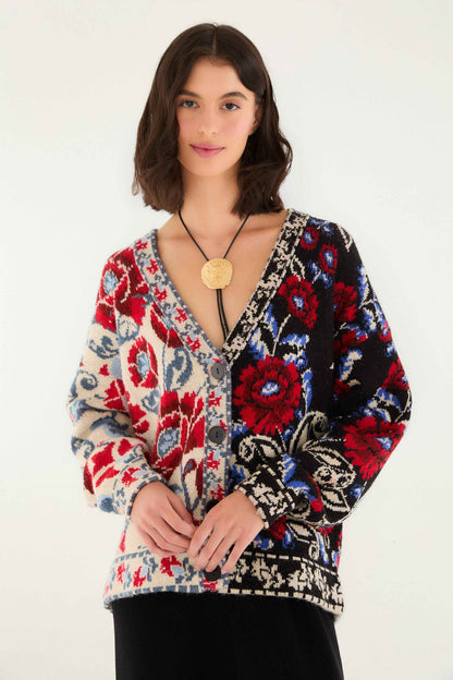 Black Mixed Valentina V Neck Knit Cardigan | FARM Rio | FARM Rio Women