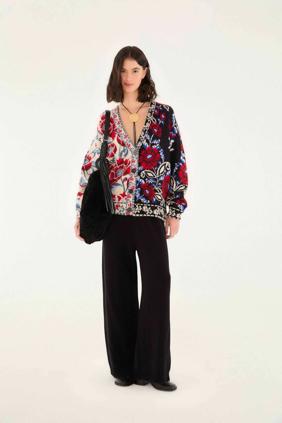 Black Mixed Valentina V Neck Knit Cardigan | FARM Rio | FARM Rio Women