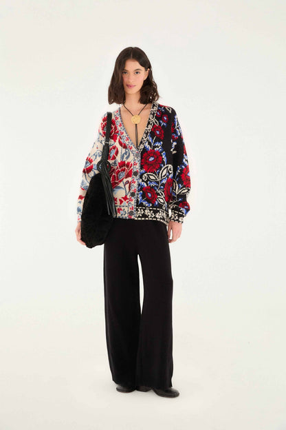 Black Mixed Valentina V Neck Knit Cardigan | FARM Rio | FARM Rio Women