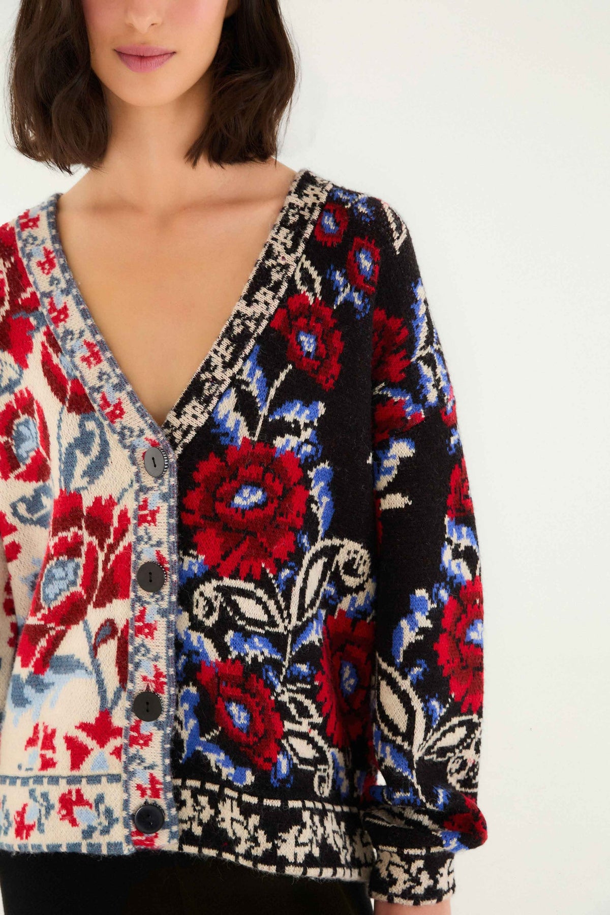 Black Mixed Valentina V Neck Knit Cardigan | FARM Rio | FARM Rio Women