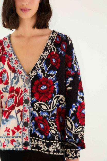 Black Mixed Valentina V Neck Knit Cardigan | FARM Rio | FARM Rio Women