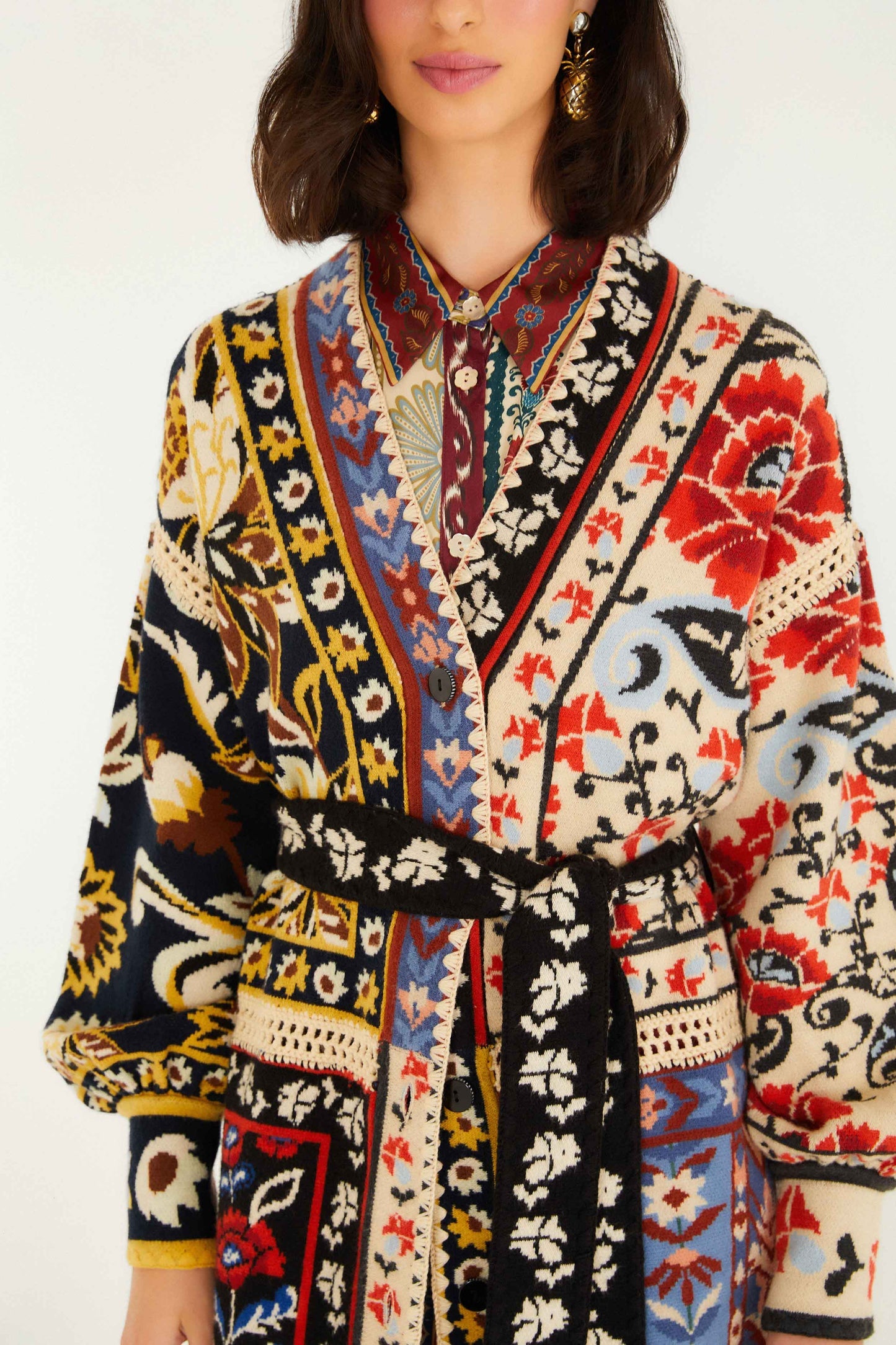Mixed Flower Print Patchwork Knit Midi Cardigan | FARM Rio | FARM Rio Women