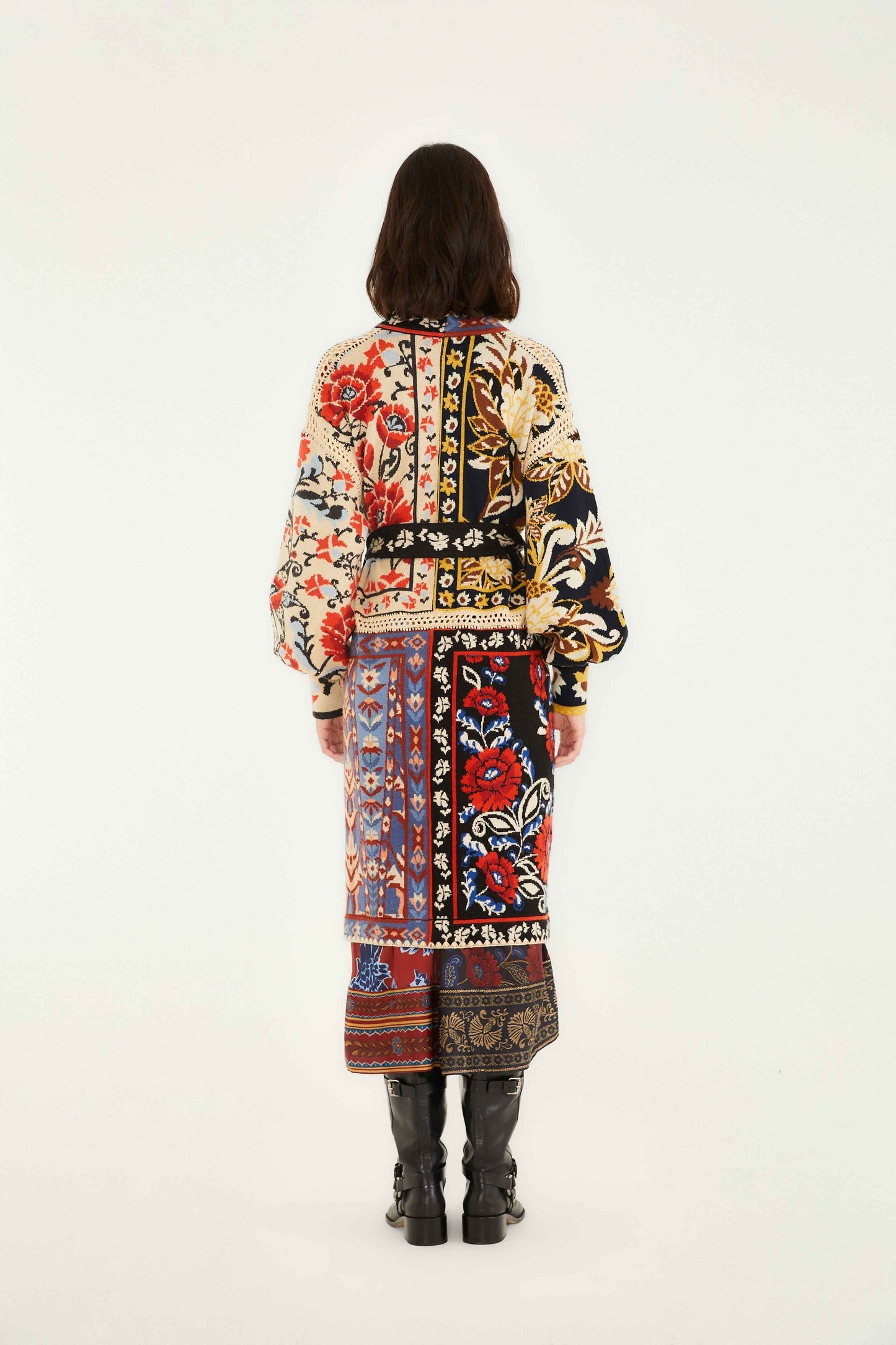 Mixed Flower Print Patchwork Knit Midi Cardigan | FARM Rio | FARM Rio Women