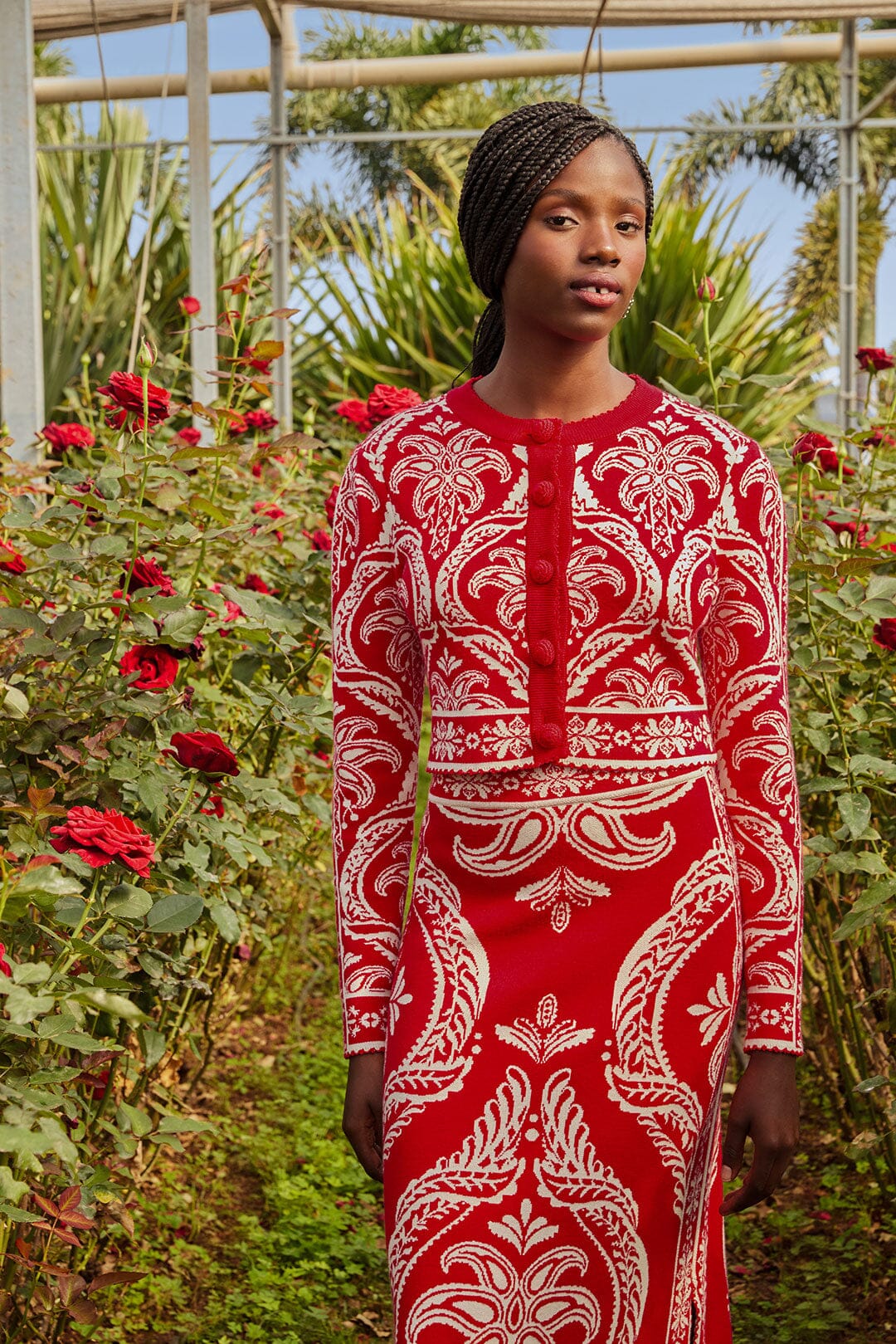 Red Tropical Jacquard Knit Cardigan | FARM Rio Women