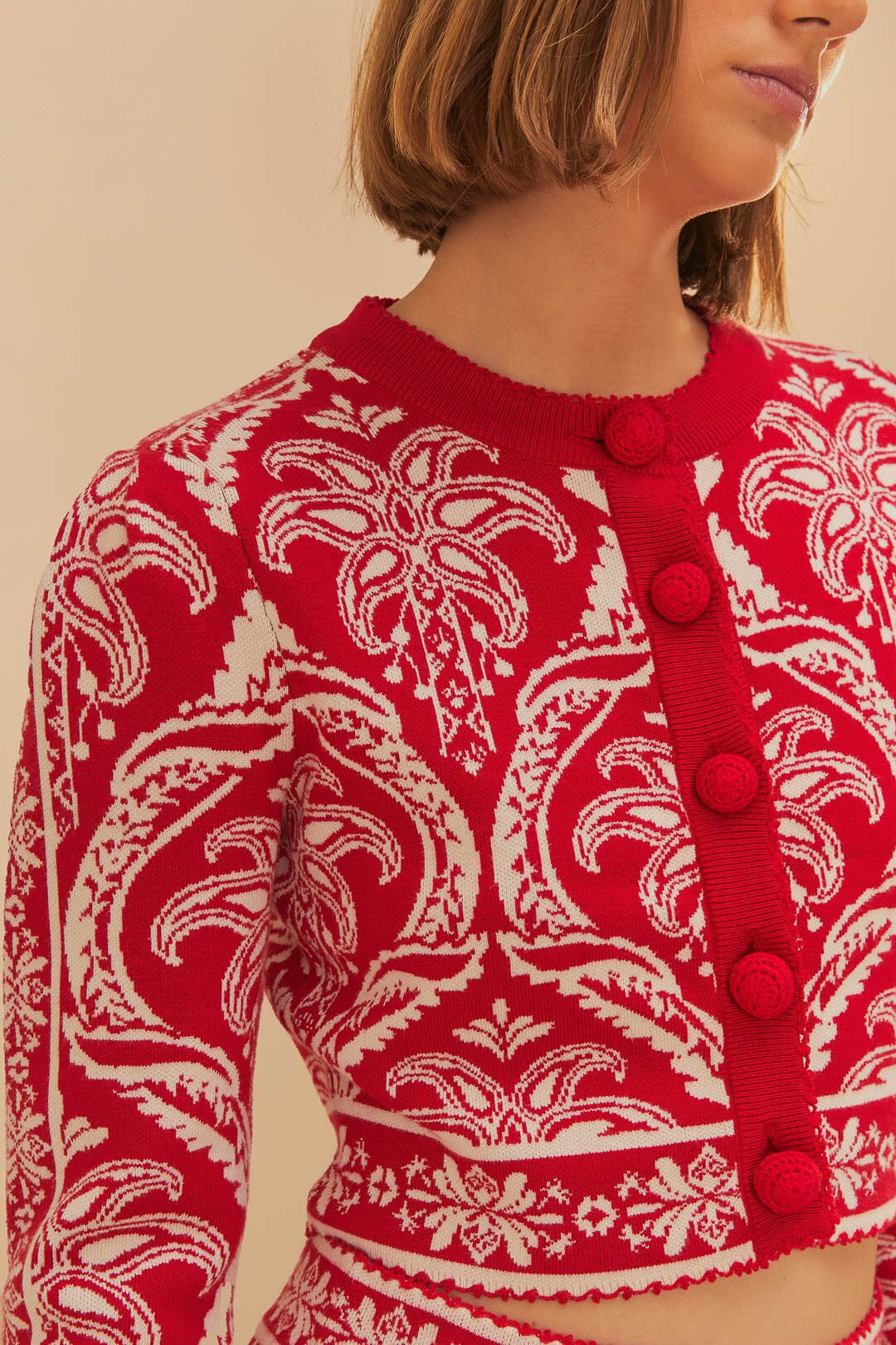 Red Tropical Jacquard Knit Cardigan | FARM Rio Women