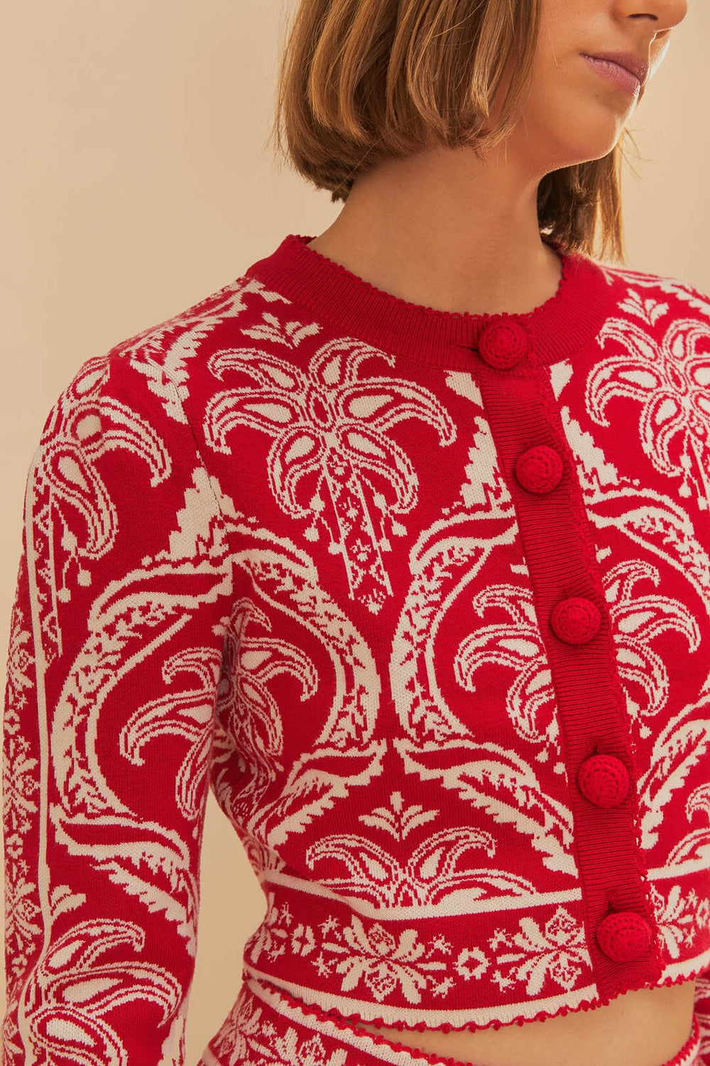 Red Tropical Jacquard Knit Cardigan | FARM Rio Women