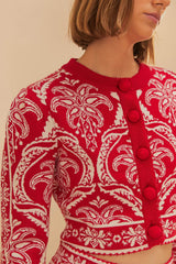 Red Tropical Jacquard Knit Cardigan | FARM Rio Women