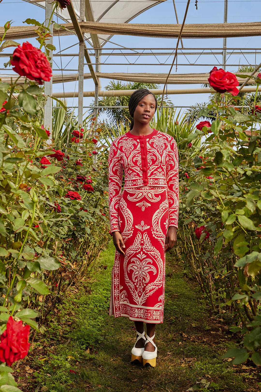 Red Tropical Jacquard Knit Cardigan | FARM Rio Women