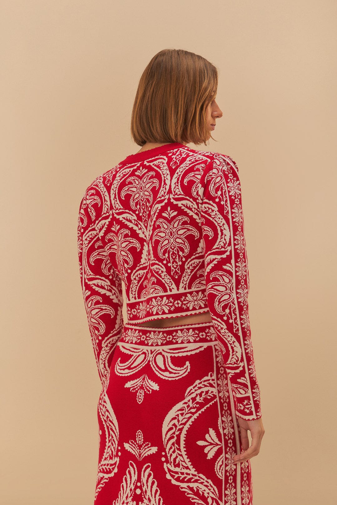 Red Tropical Jacquard Knit Cardigan | FARM Rio Women