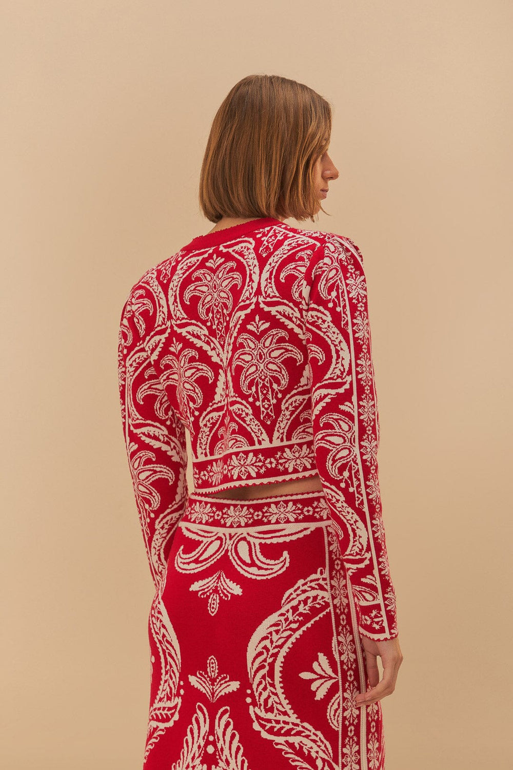 Red Tropical Jacquard Knit Cardigan | FARM Rio Women